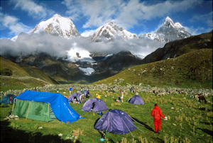 Trekkers camp at 13,600 feet elevation, Cordillera Huayhuash, Peru.