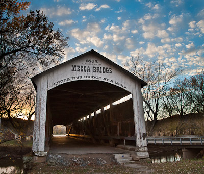 Mecca Covered Bridge (150 feet long) was built in Burr Arch style over Big Raccoon Creek in 1873 by J.J. Daniels in historic Parke County, Indiana, USA.