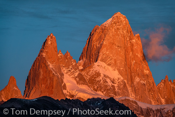 Sunrise illuminates Monte Fitz Roy / Cerro Fitz Roy. El Chalten, Santa Cruz Province, Argentina, Patagonia, South America.