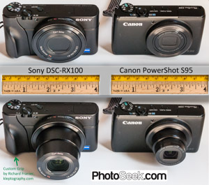 Compare Sony DSC-RX100 with Canon PowerShot S95, pocket-sized digital cameras.
