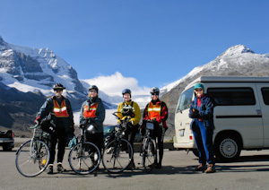 Bicyclists, Athabasca Glacier, Columbia Icefield, Jasper National Park, Alberta, CANADA.
