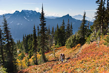Big Four Mountain, Hall Peak, Mount Pilchuck, and the valley of the South Fork of the Stillaguamish River are seen from Mount Dickerman Trail #710 in Mount Baker-Snoqualmie National Forest. Start hiking from the trailhead on the Mountain Loop Highway east