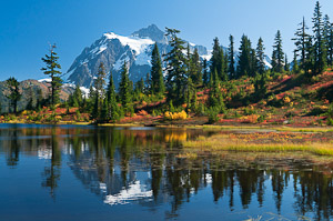 Mount Shuksan (9127 feet elevation) is in North Cascades National Park, Washington, USA. Picture Lake is in Heather Meadows, Mount Baker - Snoqualmie National Forest.