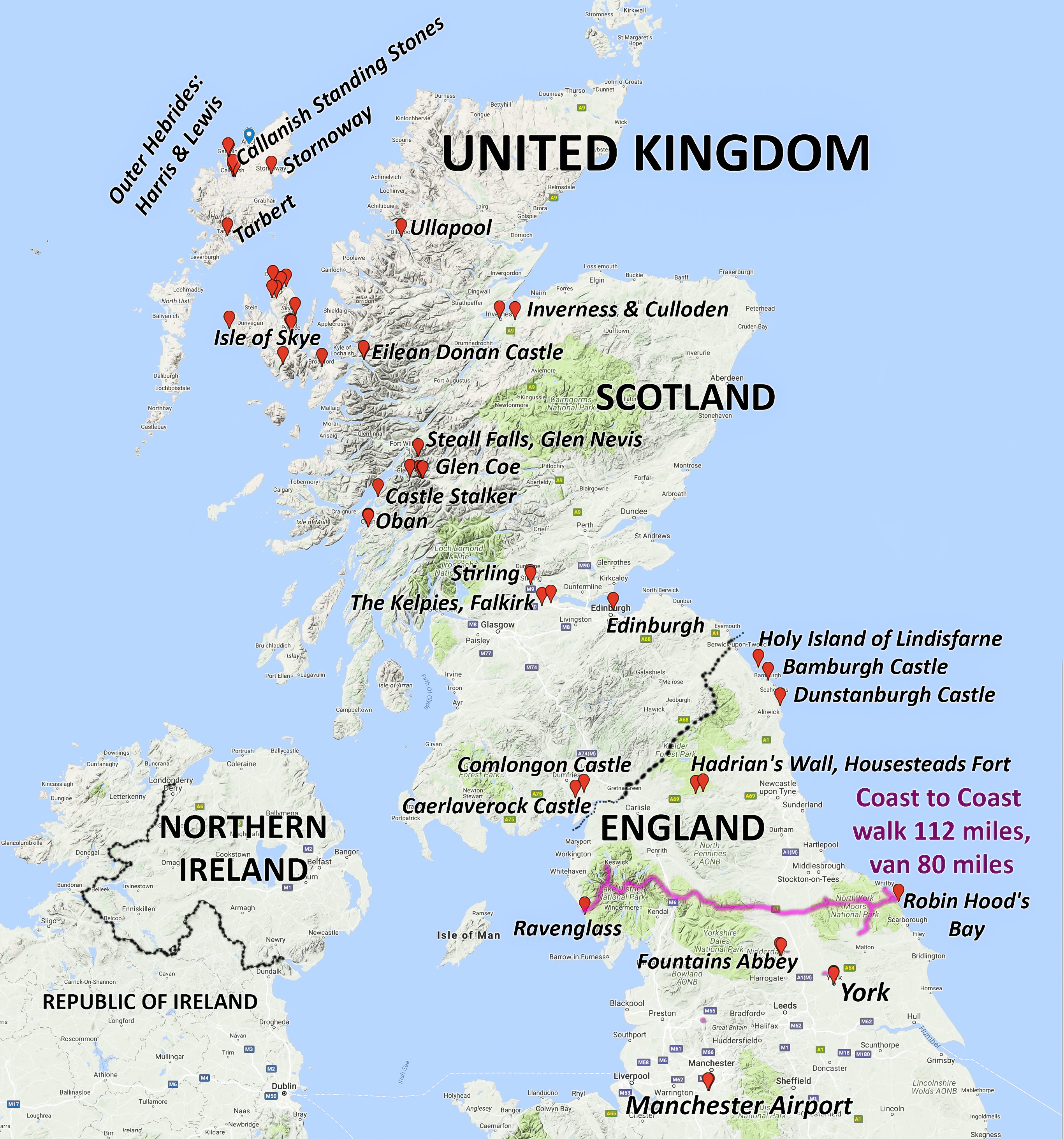 Map of sights in northern England + Scotland, UK
