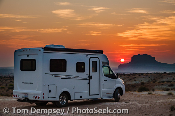 Pleasure-Way RV at sunrise. San Rafael Swell Recreation Area, Utah, USA.
