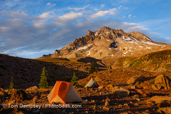 Sunset seen at Paradise Park, backcountry camping on Mount Hood's Timberline Trail, Oregon, USA