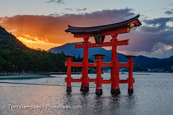 Sunset — Itsukushima Shrine’s grand torii (Shinto gate), a major icon of Japan — Miyajima island, Hiroshima Prefecture.