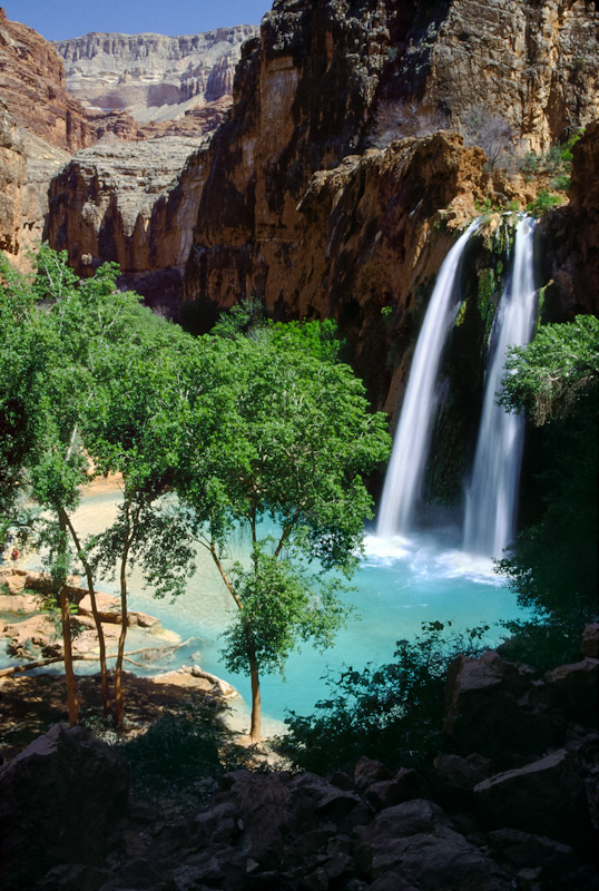 On the Havasupai Indian Reservation, Havasu Falls, Creek, and Canyon flow into Grand Canyon, Arizona, USA.