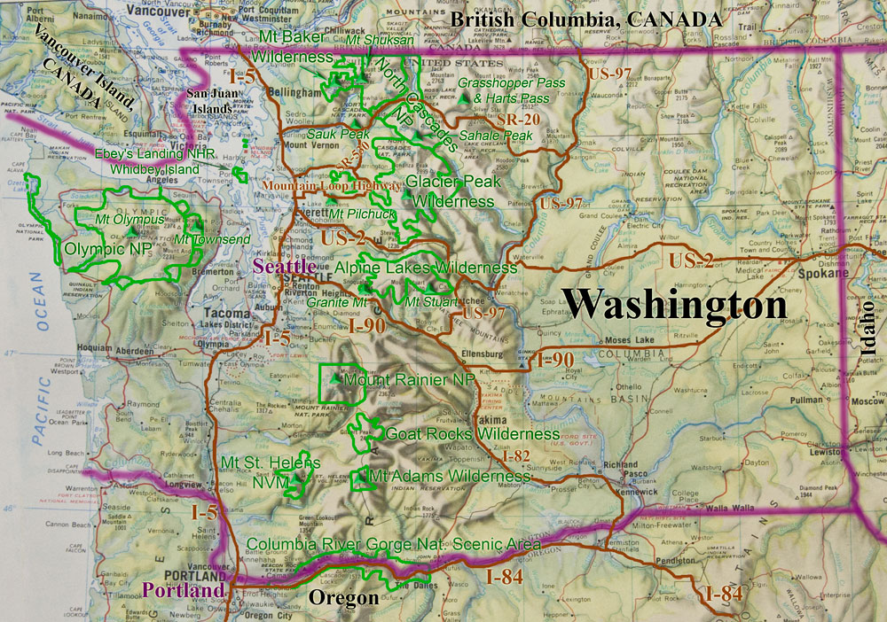 Washington map of major parks, cities, roads, geography